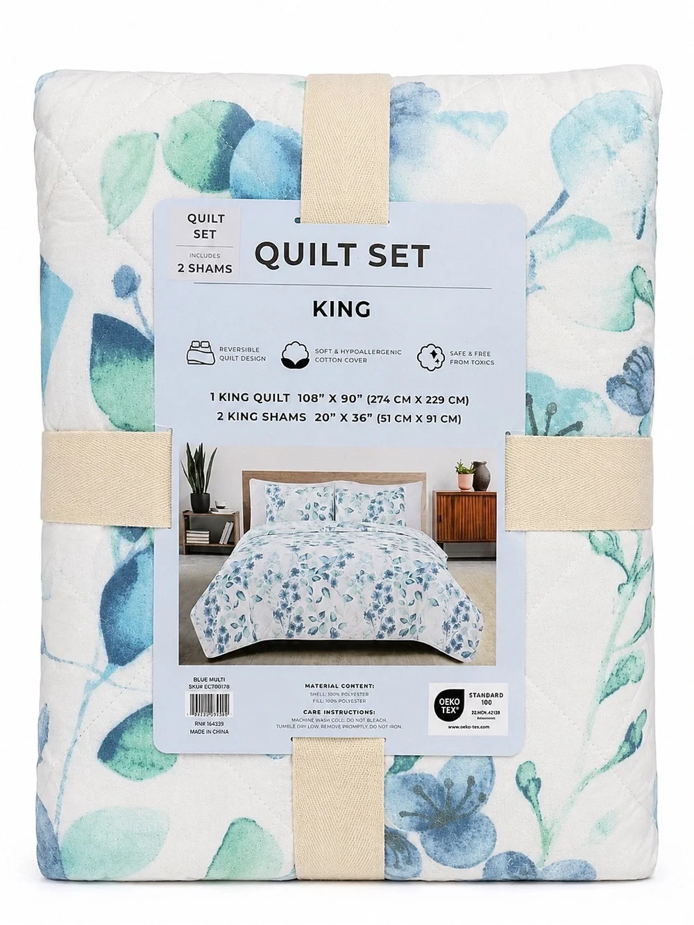 New JCPenney King 3-Piece Quilt Set Blue Floral Bedding with 2 Shams